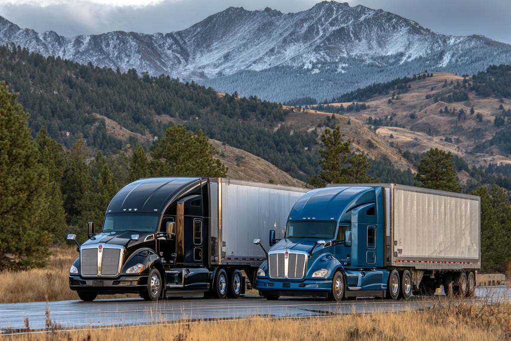 Two semi-trailers on a road with mountains in the background